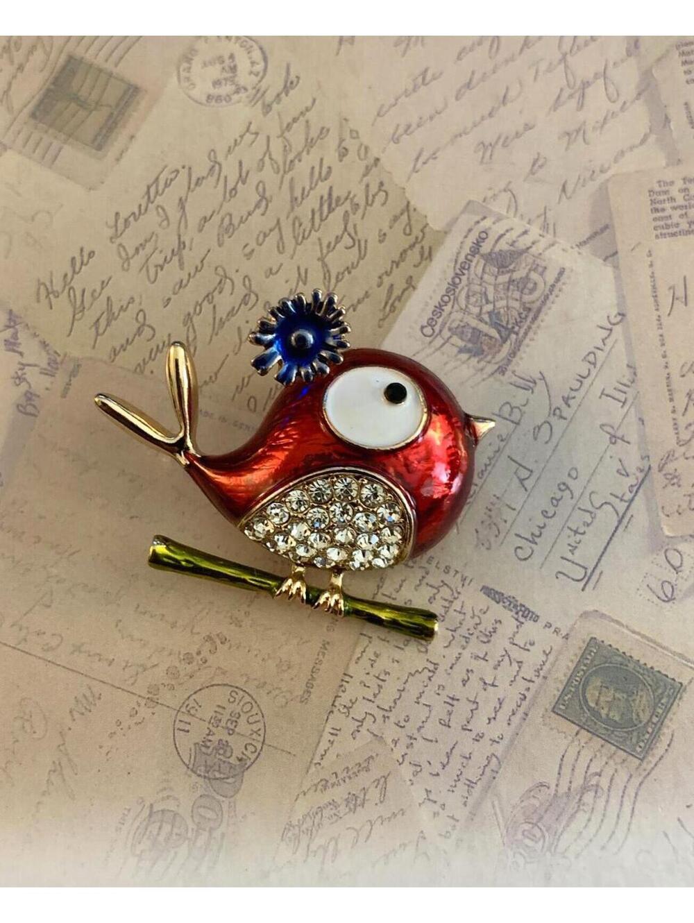 Red Enamel Cartoon Bird Brooch Rhinestones Pave Yellow Metal Whimsical Accessory